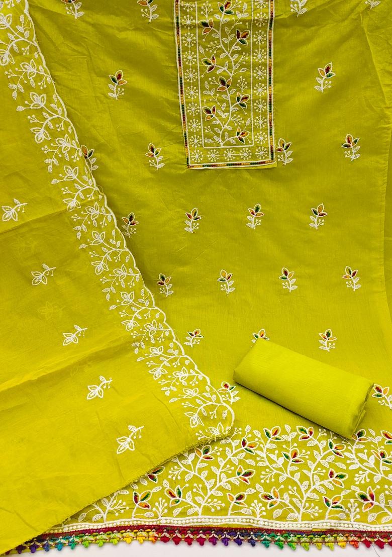 Light Green Embroidered Cotton Blend Dress Material