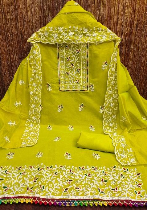 Light Green Embroidered Cotton Blend Dress Material