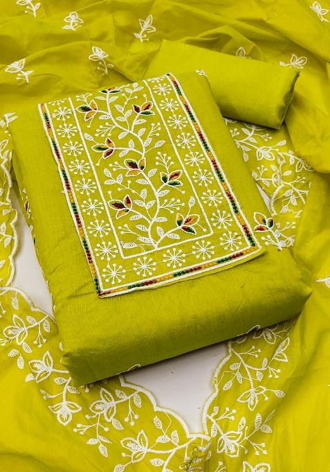 Light Green Embroidered Cotton Blend Dress Material