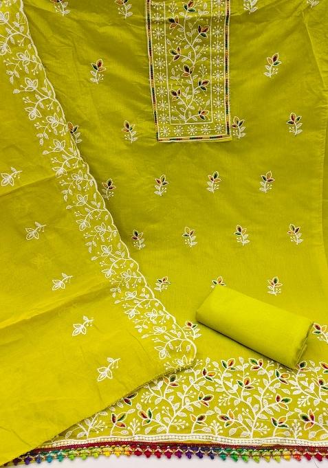 Light Green Embroidered Cotton Blend Dress Material