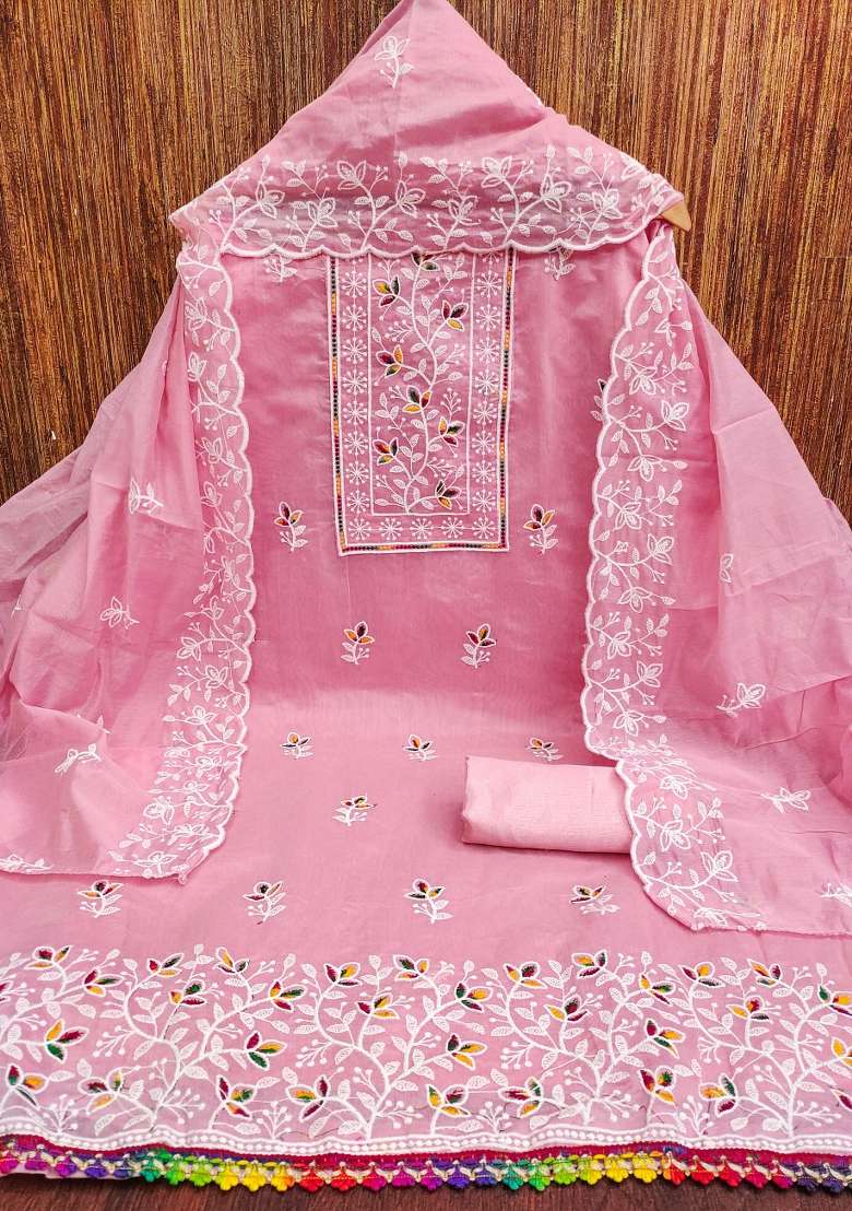 Pink Embroidered Blended Straight Kurta Set - Indya
