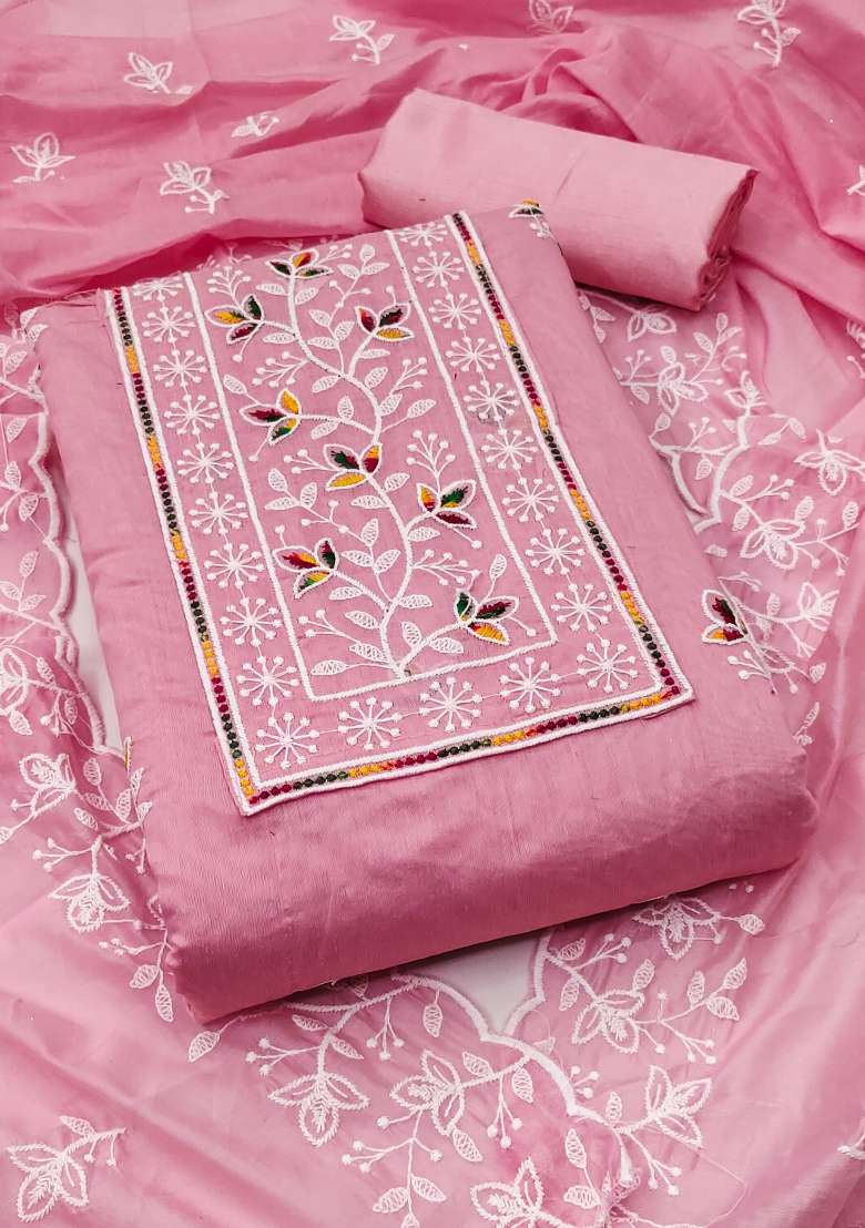 Pink Embroidered Blended Straight Kurta Set - Indya