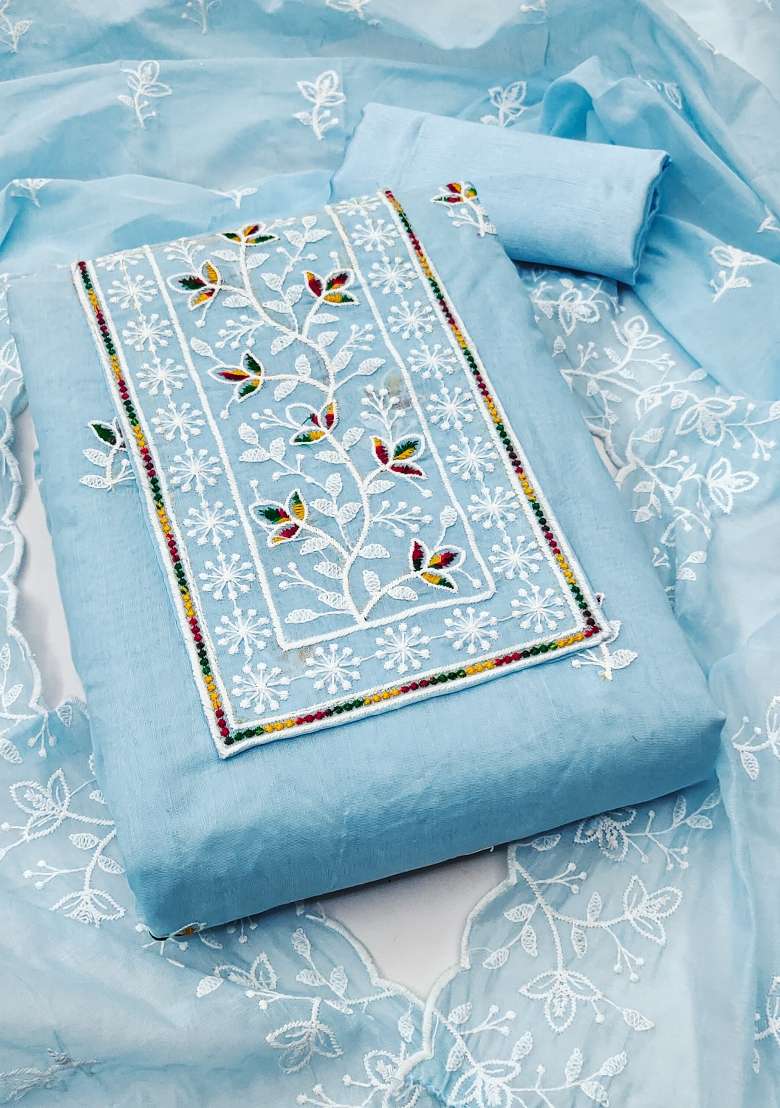 Sky Blue Embroidered Cotton Straight Kurta Set - Indya