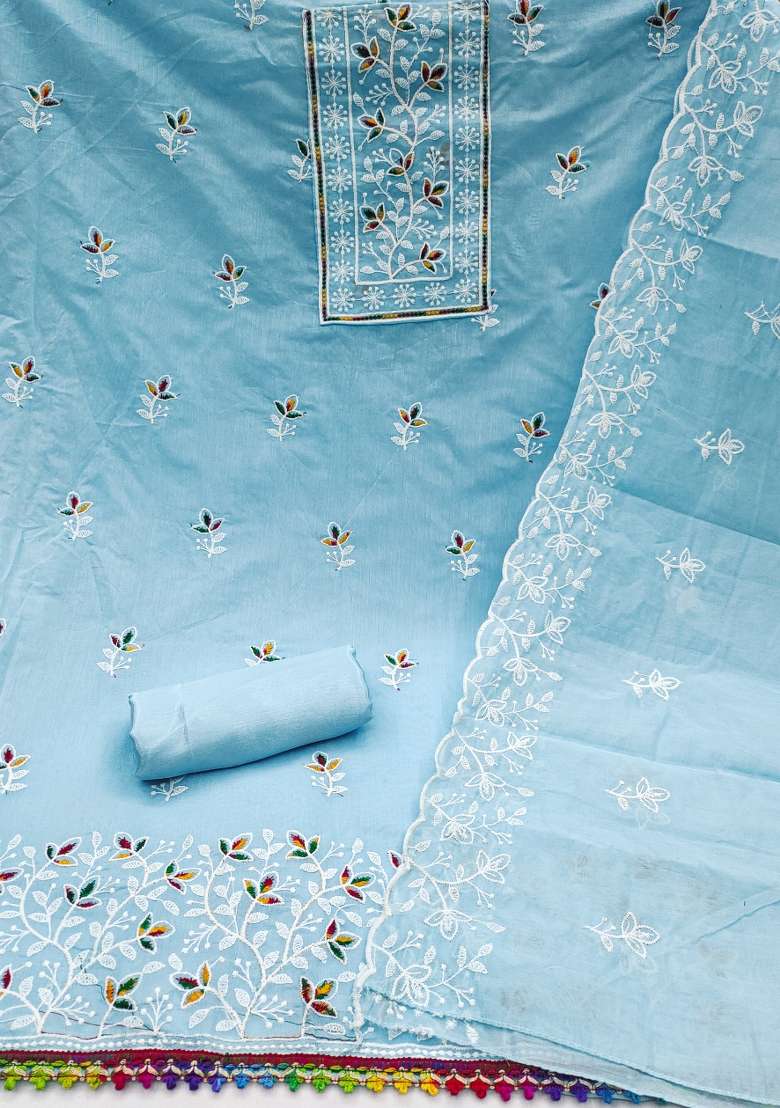 Sky Blue Embroidered Cotton Straight Kurta Set - Indya