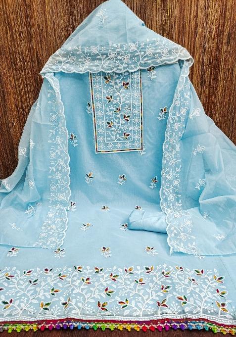 Sky Blue Embroidered Cotton Straight Kurta Set