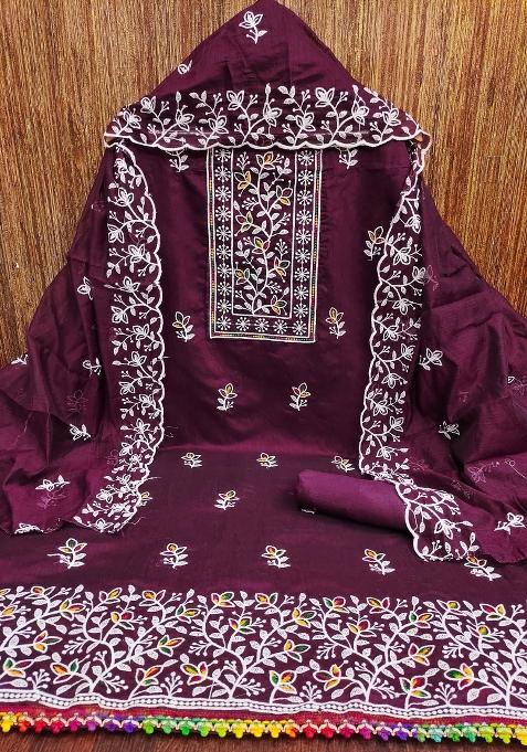 Voilet Embroidered Blended Straight Kurta Set