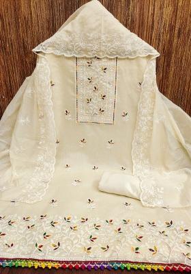 White Embroidered Cotton Blend Dress Material