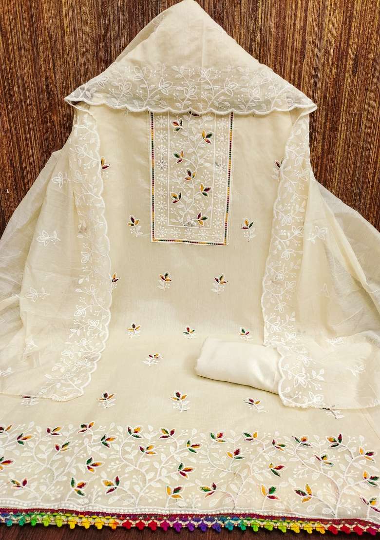 White Embroidered Blended Straight Kurta Set - Indya