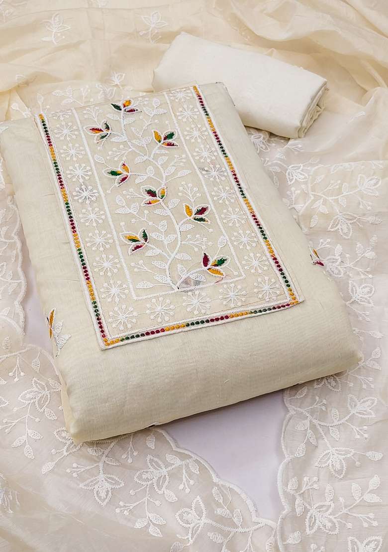 White Embroidered Blended Straight Kurta Set - Indya