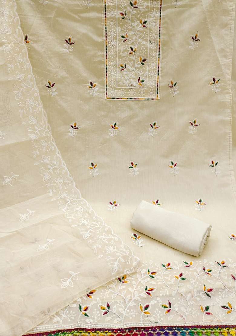 White Embroidered Blended Straight Kurta Set - Indya