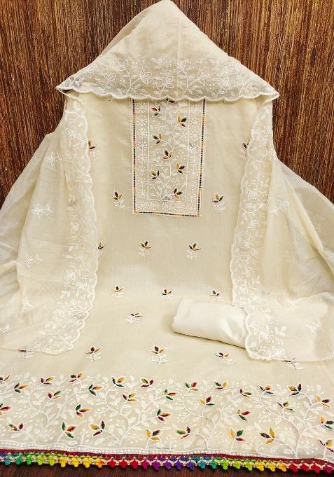 White Embroidered Cotton Blend Dress Material
