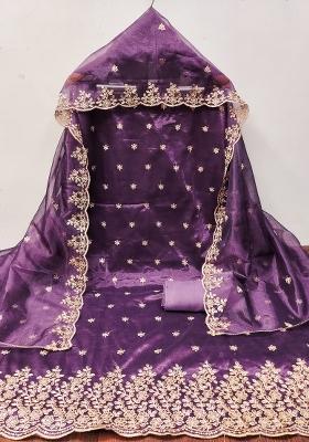 Purple Embroidered Twill Net Dress Material