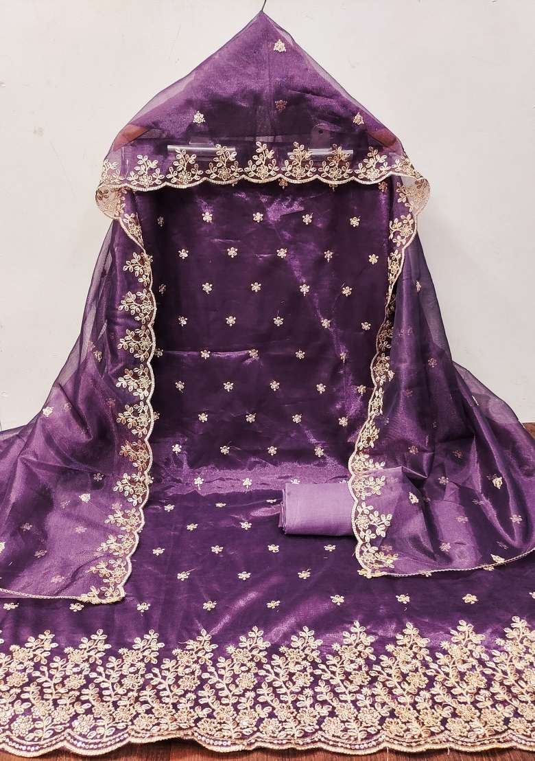Purple Zari Work Net Straight Kurta Set - Indya