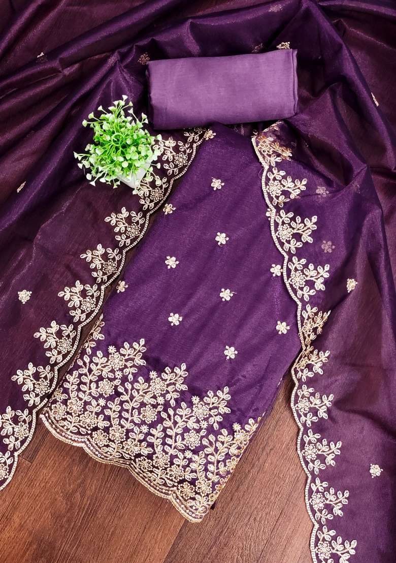 Purple Zari Work Net Straight Kurta Set - Indya