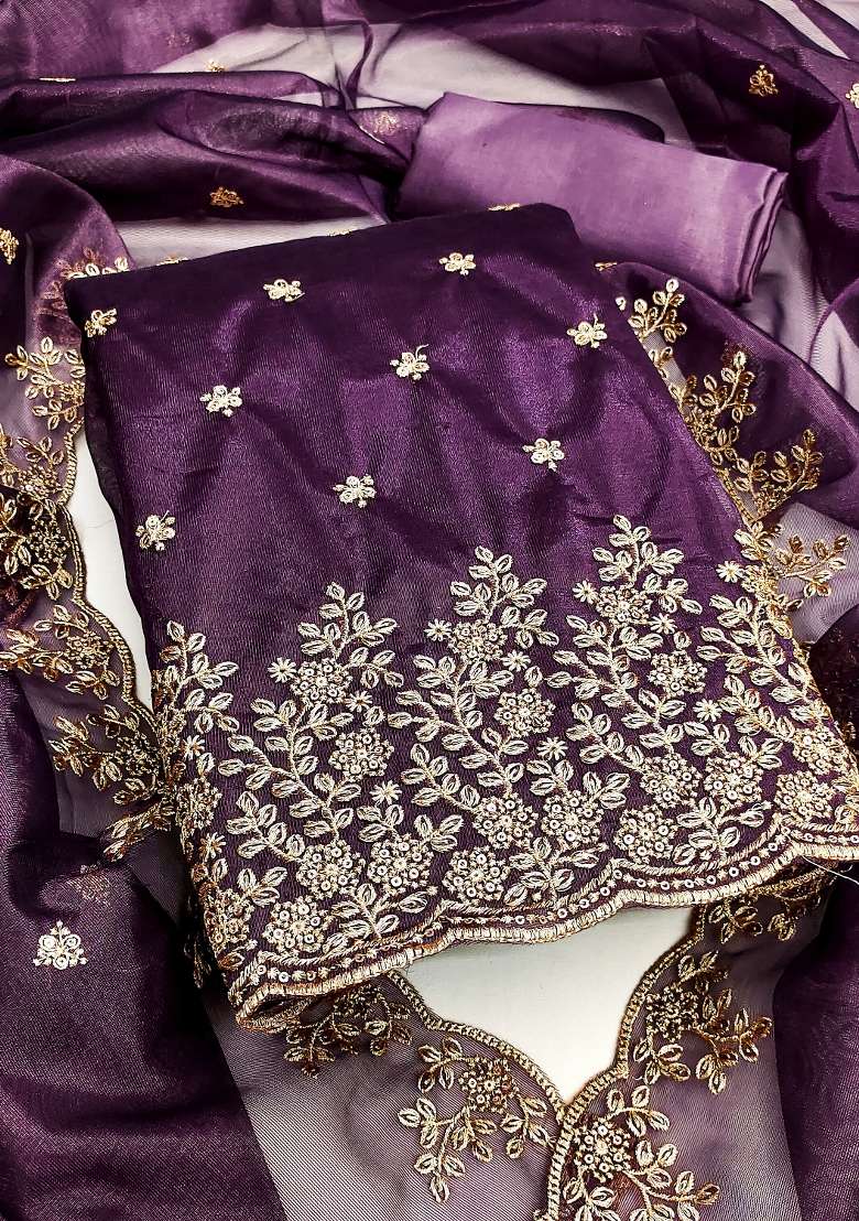 Purple Zari Work Net Straight Kurta Set - Indya