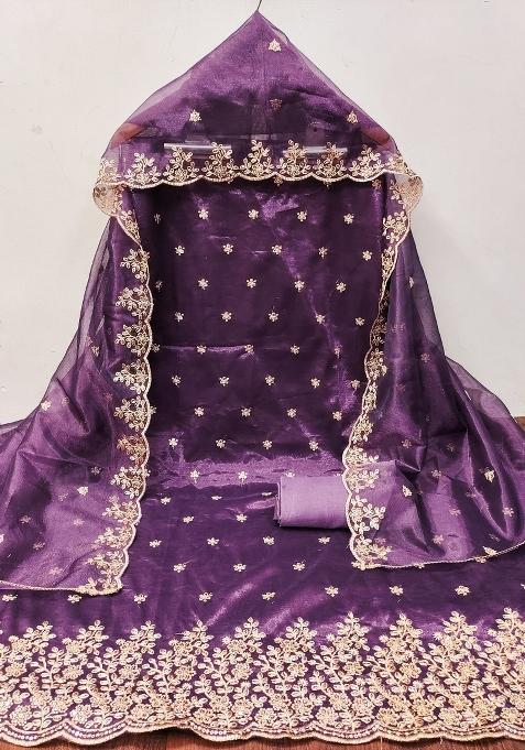 Purple Zari Work Net Straight Kurta Set