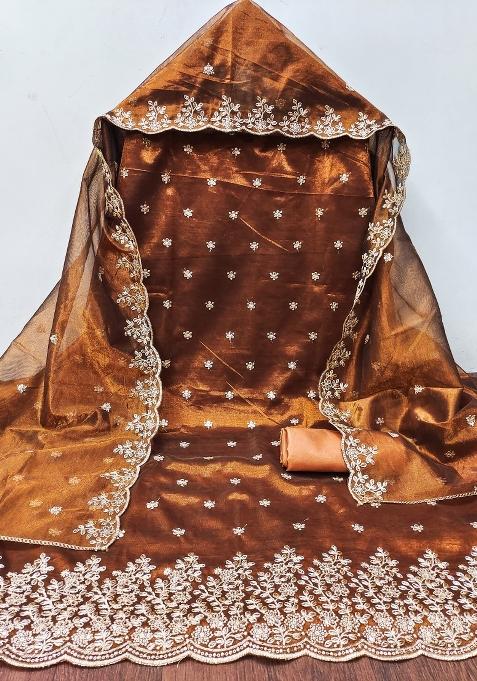 Rust Embroidered Twill Net Dress Material