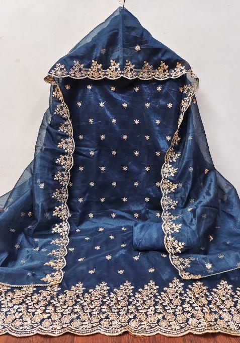 Teal Blue Zari Work Net Straight Kurta Set