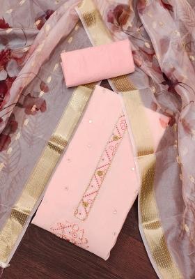 Peach Embroidered Cotton Blend Dress Material