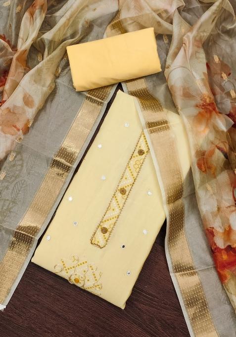 Yellow Embroidered Cotton Blend Dress Material