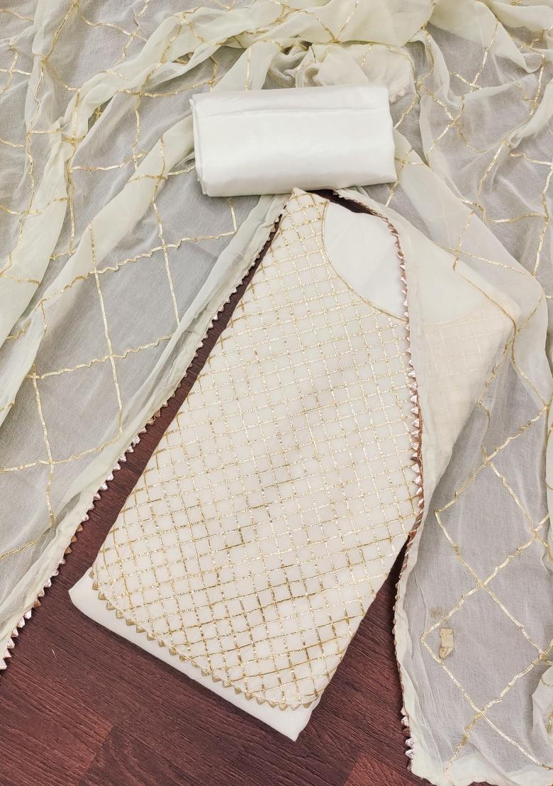 White Embroidered Chanderi Dress Material