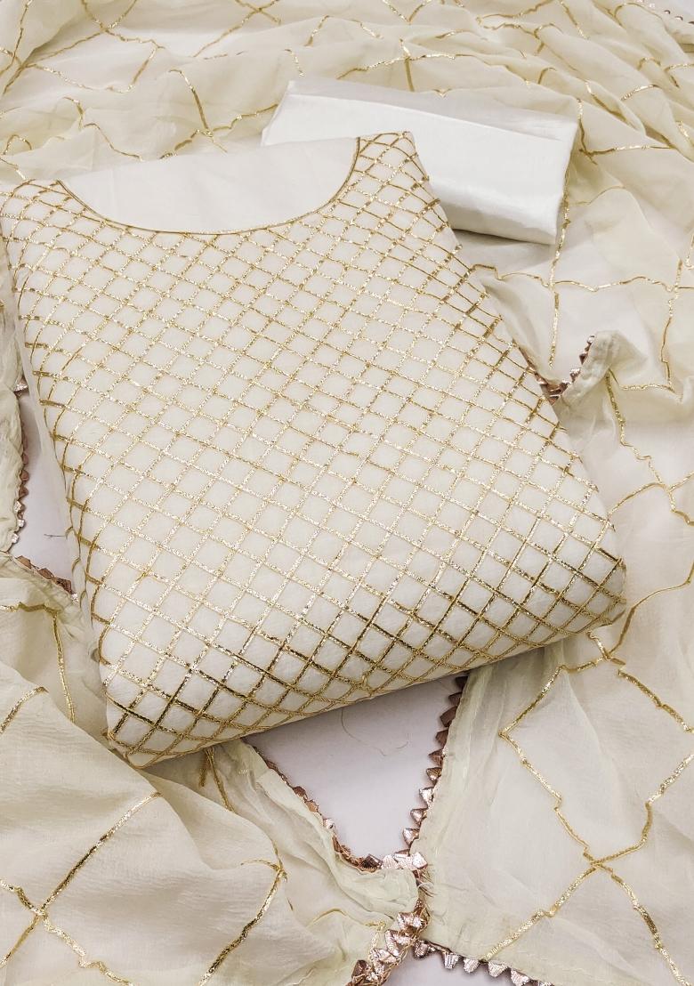 White Embroidered Chanderi Dress Material