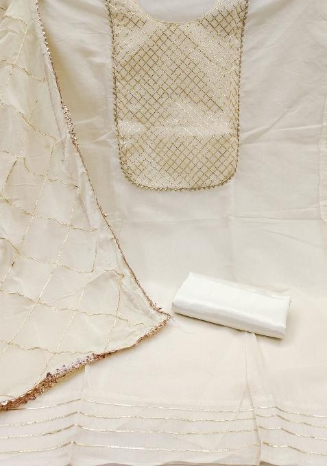 White Embroidered Chanderi Dress Material