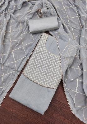 Grey Embroidered Chanderi Dress Material