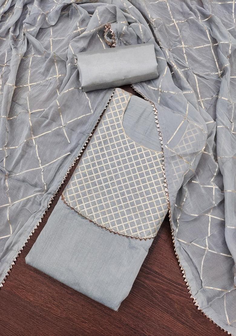 Grey Embroidered Chanderi Dress Material
