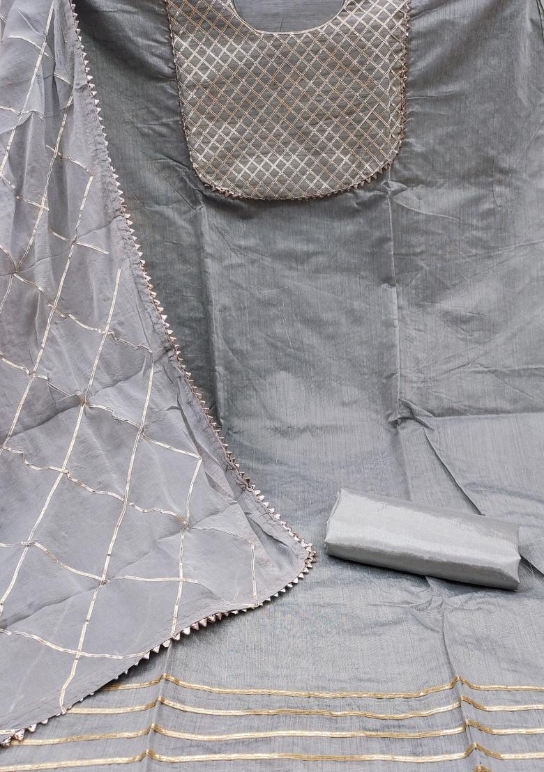 Grey Embroidered Chanderi Dress Material