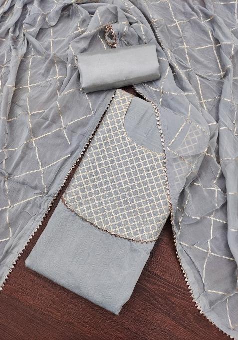 Grey Embroidered Chanderi Dress Material