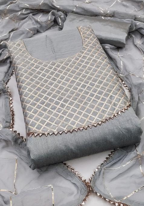 Grey Embroidered Chanderi Dress Material