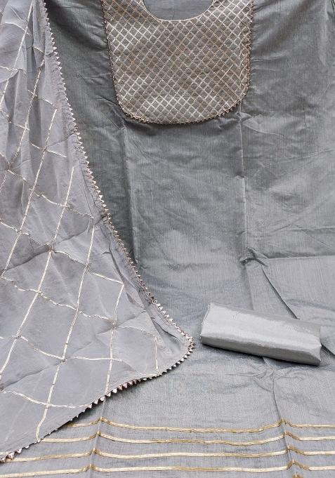 Grey Embroidered Chanderi Dress Material