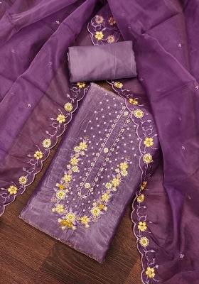 Purple Embroidered Viscose Dress Material