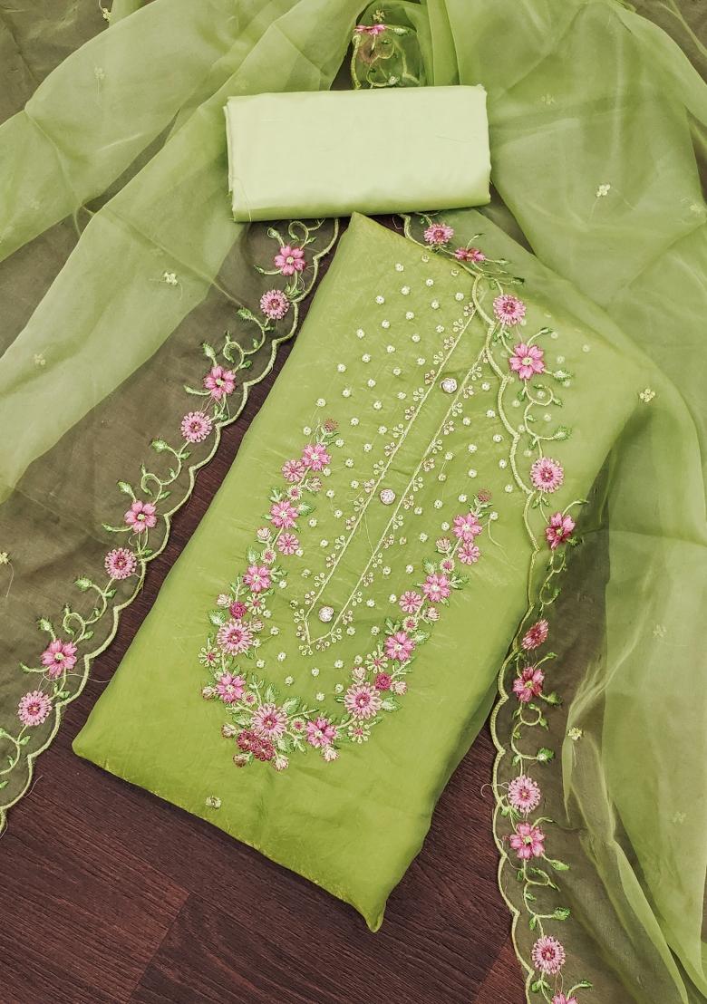 Light Olive Green Embroidered Viscose Dress Material
