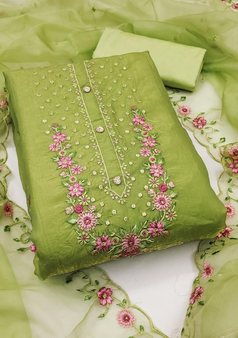 Light Olive Green Embroidered Viscose Dress Material