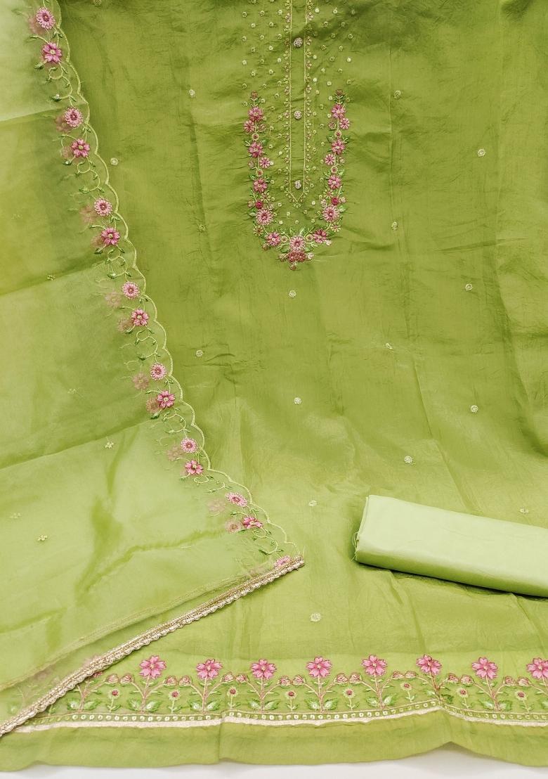 Light Olive Green Embroidered Viscose Dress Material