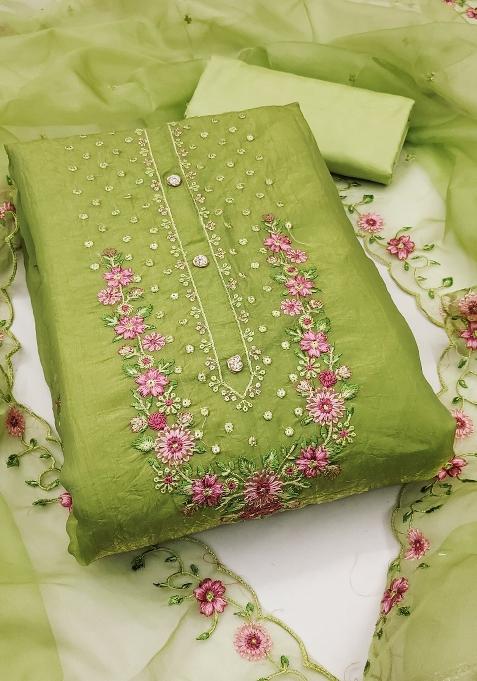 Light Olive Green Embroidered Viscose Dress Material