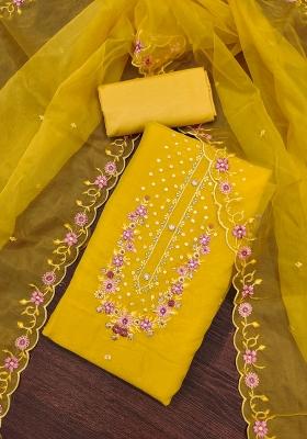 Lemon Embroidered Viscose Dress Material