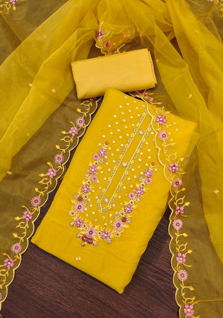 Lemon Embroidered Viscose Dress Material