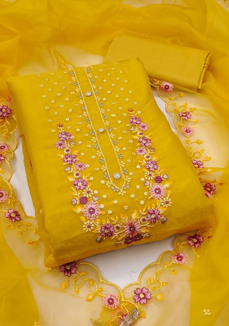 Lemon Embroidered Viscose Dress Material