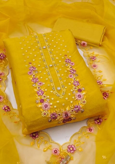 Lemon Embroidered Viscose Dress Material