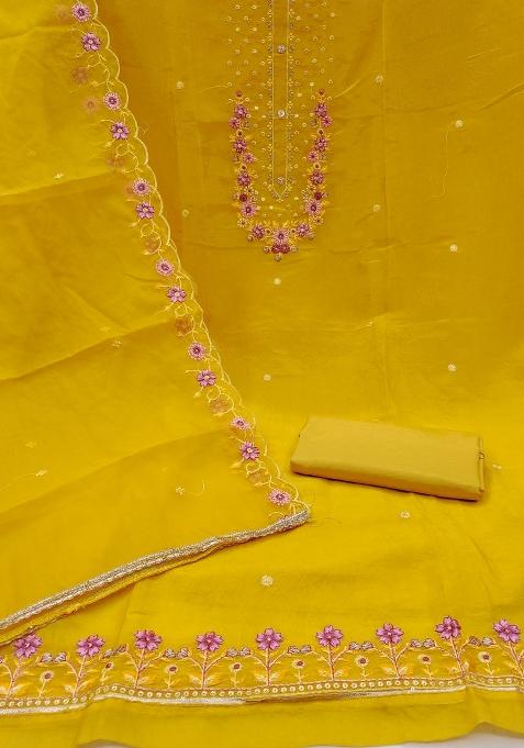 Lemon Embroidered Viscose Dress Material
