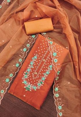 Peach Embroidered Viscose Dress Material