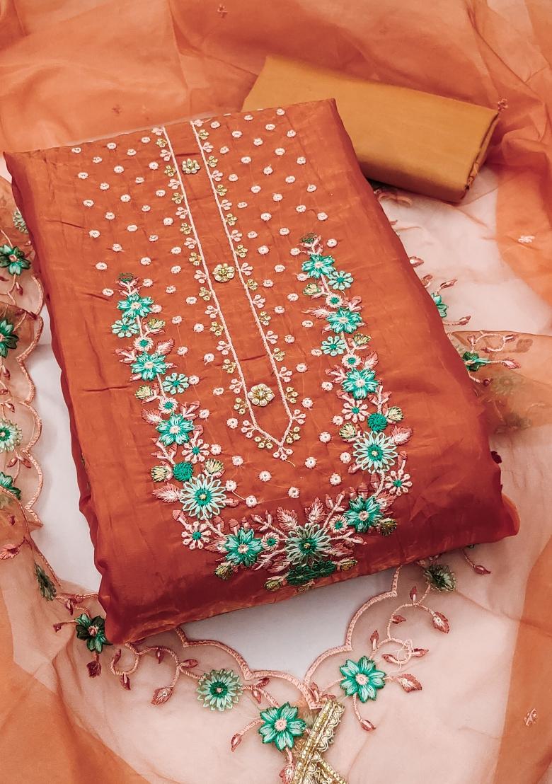 Peach Embroidered Viscose Dress Material