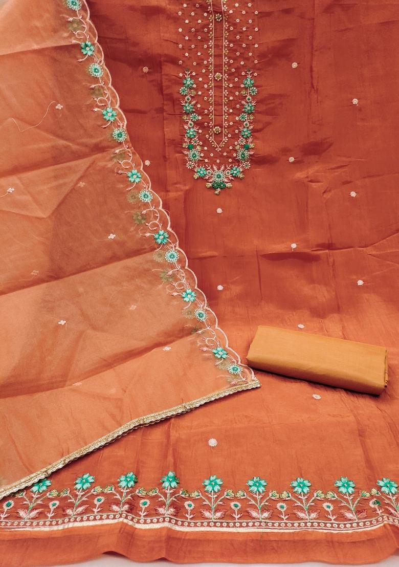 Peach Embroidered Viscose Dress Material