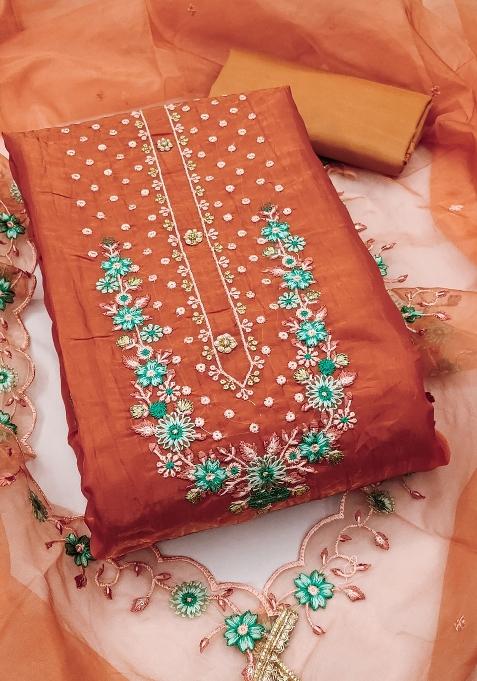 Peach Embroidered Viscose Dress Material