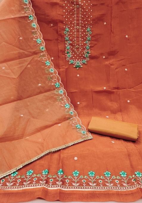 Peach Embroidered Viscose Dress Material