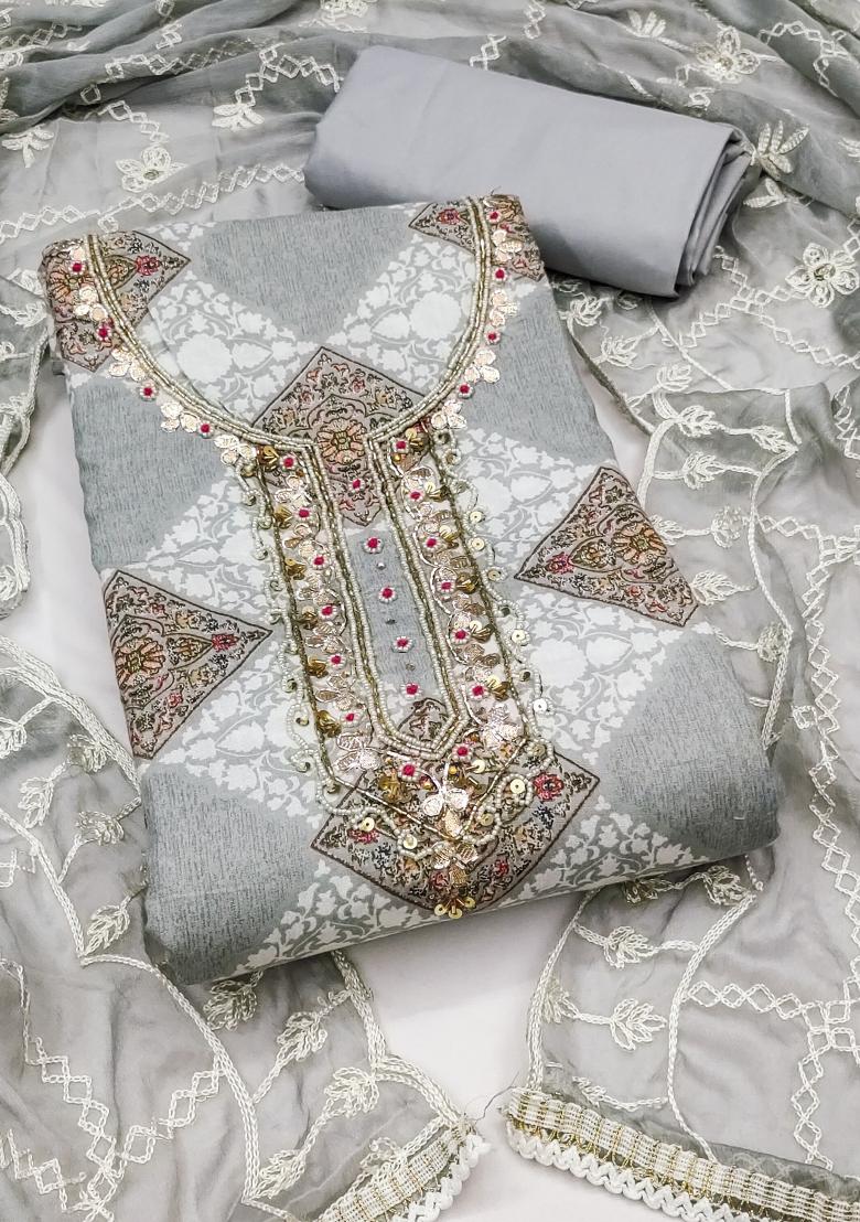 Multicolor Embroidered Cotton Blend Dress Material