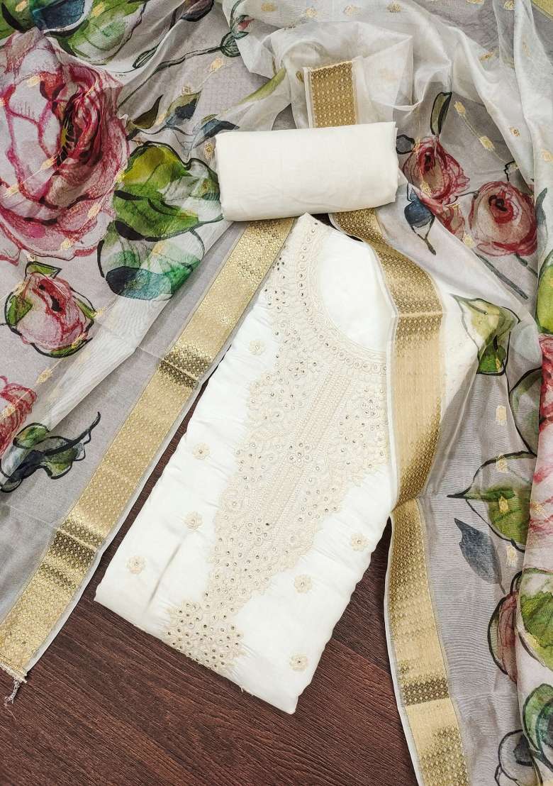 White Embroidered Cotton Blend Dress Material - Indya
